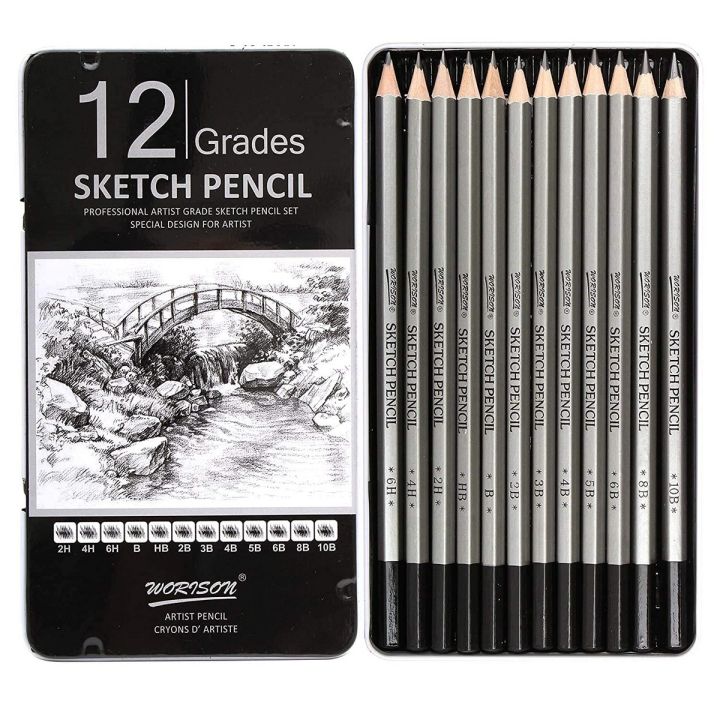 Worison Professional Sketch and Drawing pencils set, Art Pencil 12-Count Drawing/Sketching Pencil Set of 12 in Metal Box