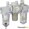 PneumaticPlus FRL Mini Compressed Air Filter Regulator Lubricator Combo 1/4" BSPP - Poly Bowl, Manual Drain, Bracket, Embedded Gauge SAU200-G02GS. 