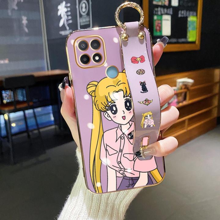 dienya For OPPO A15 Case With Wristband Cartoon Fashion Sailor Moon New Design Thin Shockproof Phone Case Pattern Plating Silicone Casing Full Cover Camera SoftCase Protection Cases