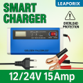 LEAPORIX 12V/24V 15Amp Digital Charger – Intelligent EZEE Smart Battery Charging System. 