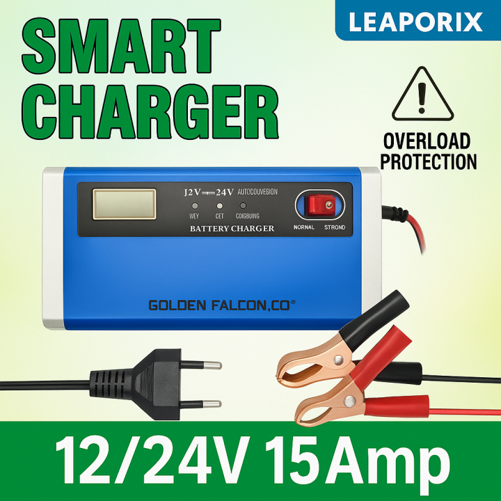 LEAPORIX 12V/24V 15Amp Digital Charger – Intelligent EZEE Smart Battery Charging System
