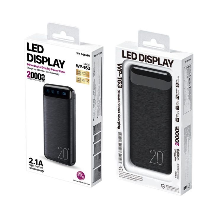Remax WP-163 2.1A Fast Charging Pocket Friendly Power Bank 20000Mah - 2 Input Type C and Micro and 2 Output USB Port With LED Battery Display
