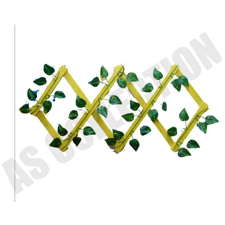 Retractable Wooden Fence with Green Leaf-Artificial Wooden Green Leaf Fence 1.5 feet (18 inches)-Small Retractable Money Plant Leaves Fence- Bail of leaves - Wood Vines Climbing Frame Gardening Plant Home Decoration Size 2 feet