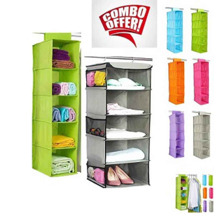 Pack of 2-Storage Box Compactor Clothes Hanging Organiser VERTICAL FOLDABLE HANGING Closet Organizer Storage Bag Wardrobe Cloth Pant Organizers Holder Foldable Clothing Storage Rack Shelves