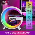 G Shape Smart Lamp - Multi-Functional Wireless Charger + Bluetooth Speaker - Digital Alarm Clock Speaker With LED display RGB Night light Table Lamp For Bed Room With 15W wireless Fast Charging. 