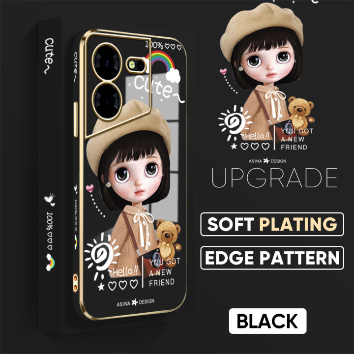 TA for Tecno Pova 5 Pro 5G Back Cover with Hand Strap Satchel Girl Luxury 6D Plating Case Side Pattern Soft Silicone Square Phone Cover