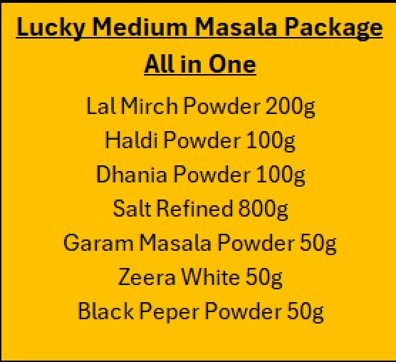 Lucky Masala Medium Package All in One | Lal Mirch Powder 200g | Haldi Powder 100g | Dhania Powder 100g | Salt Refined 800g | Garam Masala Powder 50g | Zeera White 50g | Black Peper Powder 50g