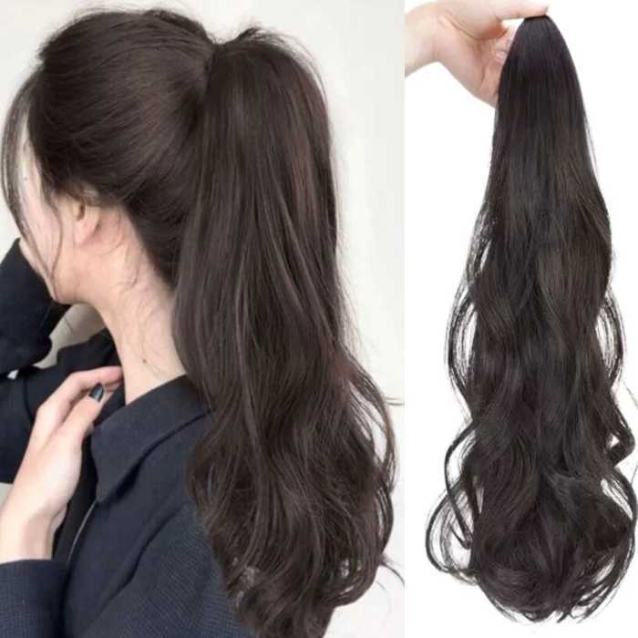 Long Curly Ponytail Wig Heat Resistant Fiber Synthetic Wavy Claw Clip Ponytail Natural Brown Pony Tail Hairpiece Girls
