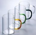 Techmanistan Set of 6 - Glass Cups with Multicolor Handles - 330ml, Glass Coffee Mug, Glass Coffee Mugs with Handle, Beverage Mugs, Drinking Glass, Crystal Clear Transparent Tea Cup Mug. 