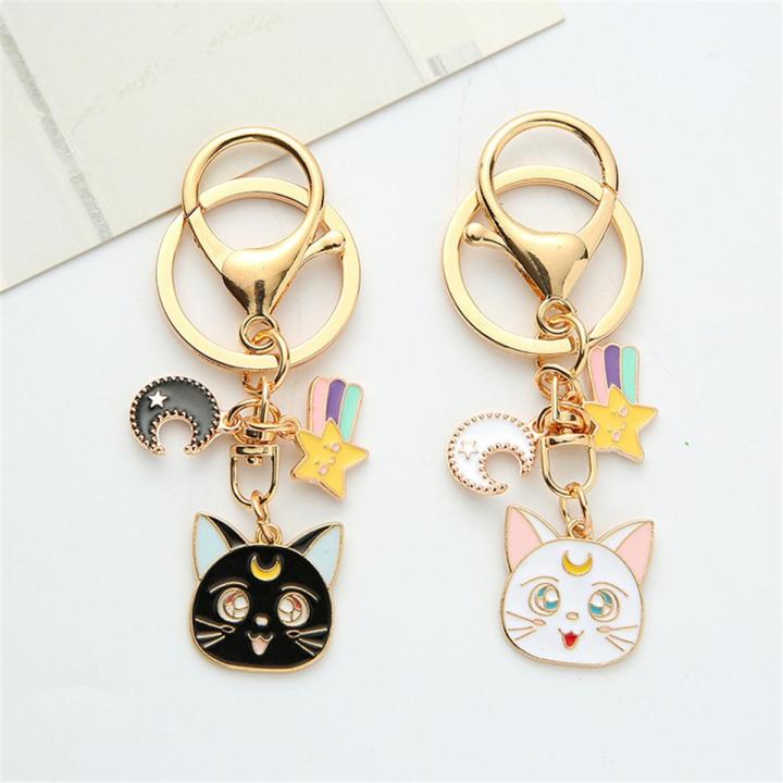 【HOT】 Cute Cat Sweet Key Chain Marinero Small Moon Kitten Anime Keychain Metal Pendant Girls Personality Bag Charm Jewelry Key Ring