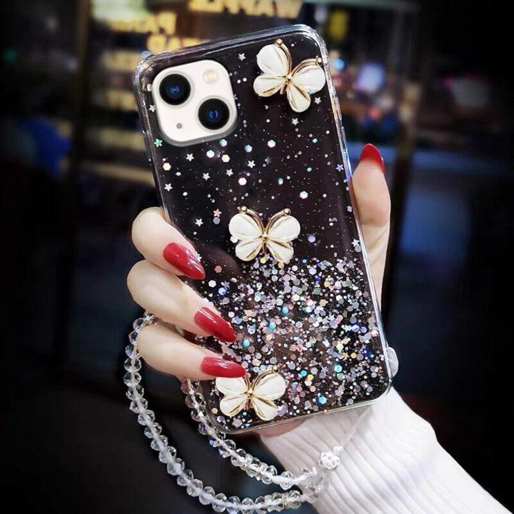 COROGI for iPhone 13 Back Cover with Crystal Wrist Strap Luxury 3D Diamond Butterfly Shiny Starry Sequins Girls Case Clear Soft Silicone Protective Phone Cases