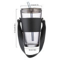 Techmanistan Glass Tumbler with Straw, Lid, Handle With Protective Leather Sleeve, Reusable Glass Coffee Tumbler, Glass Straw Milk Coffee Cup With Lid. 