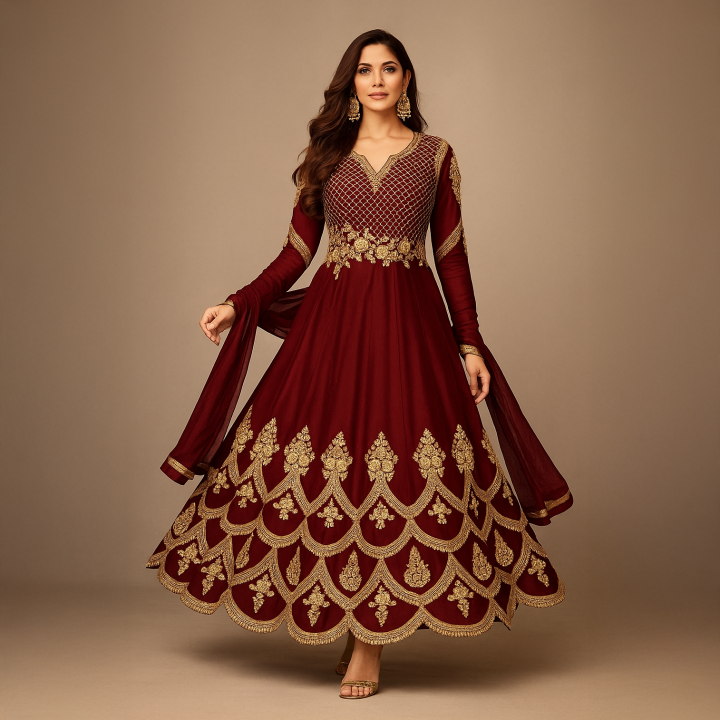Dress for womens | Dress for girls | Maroon Chiffon Crincle Embroidered Maxi | Unstitched | Formal Wear | Party Wear