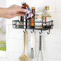 "Multipurpose Wall-Mounted Storage Rack - 1 Layer Metal Shelf with Hooks, Black Metal Shelf, Shower & Bathroom Storage Organizer, Kitchen Wall Rack, Durable Punch Frame, Space-Saving Design". 