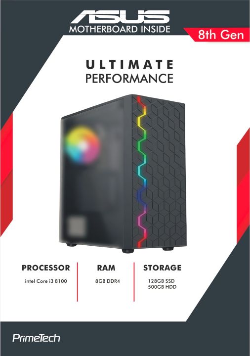 8th Generation Gaming PC, Core i3 8th Gen Processor, 8GB DDR4 RAM, 128GB SSD, 500GB HDD, Full ATX RGB Case with 3x RGB Fans, Asus H310 Motherbord, 600 Watts PSU