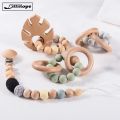 Lillilopo 1 Pcs Baby Rattle Toy BPA Free Silicone 19mm Round Beads Wooden Teether Ring. 