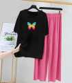 Black T-Shirt & Trouser Set with Rainbow Butterfly Print | Soft Cotton Jersey Casual & Nightwear for Women & Girls (S-XL & 7-14 Years). 