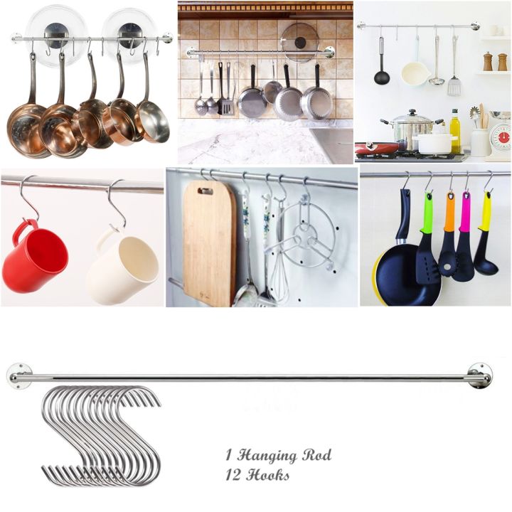 Kitchen Wall Mount  Railing Set Utensils Pots Cup Mugs Storage Organising Hanging Hooks With Rod