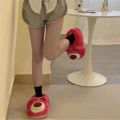 Cute Cartoon Rose Red Bear Warm Non-Slip Strawberry Home Plush Cotton Slippers For Women. 