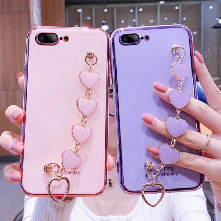For iPhone 8 Plus / iPhone 7 Plus Back Cover with Love Heart Chain Wrist Strap Fashion Bracelet Shiny Plating Bumper Protective Case Silicone Shockproof Mobile Phone Cases
