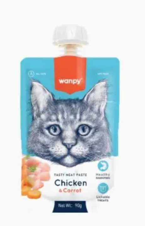 Wanpy Cat Wet Food - Lickable Treat - Chicken & Carrot - 90gm - Wanpy Tasty Meat Paste - Wanpy Creamy Treats - Wanpy Treats Pouch - Cat Creamy Treats