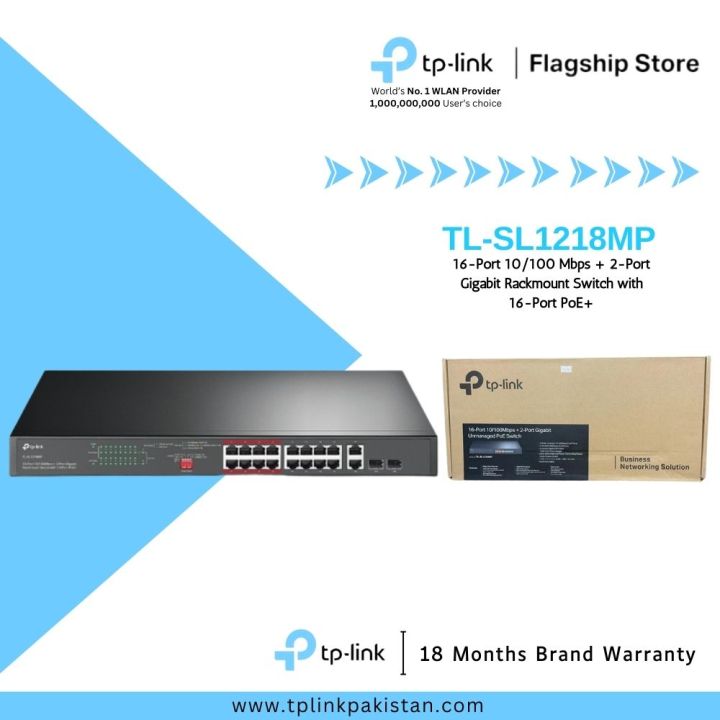 TP-Link Network PoE Switch TL-SL1218MP 16-Port 10/100 Mbps + 2-Port Gigabit Rackmount Switch with 16-Port PoE - 18 Months Brand Warranty