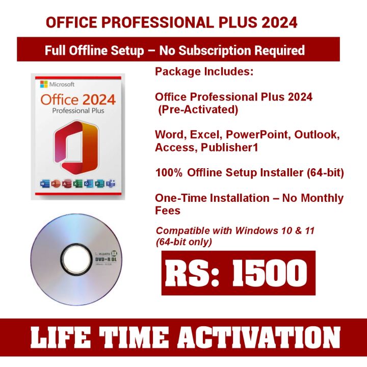 Microsoft office 2024 DVD – With Activator – Virus Free – Free Delivery
