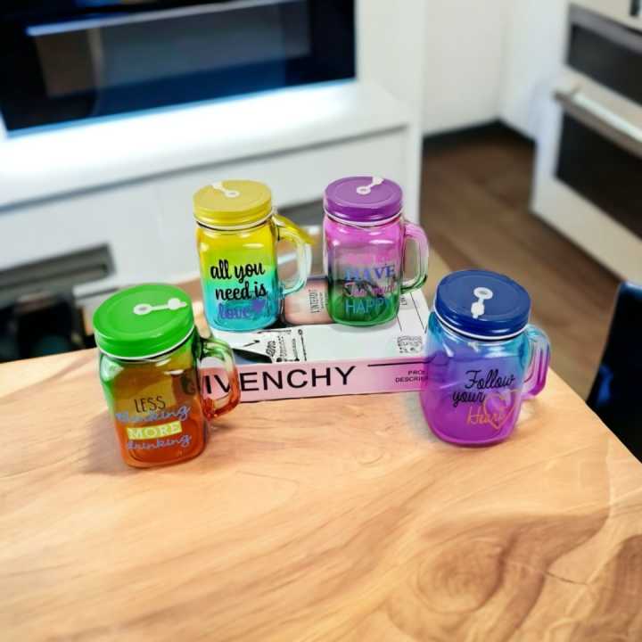 Chromatic Mason Jars for Beverage : 450ml Mason Jars with Colorful Straws and Metallic Lids - Ideal for Juices, Fizzy Drinks, and Mocktails