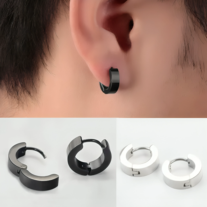 Round Fashion Ear Clip Earring For Men's/Boys For Pierced Ear One Pair - Black - Silver