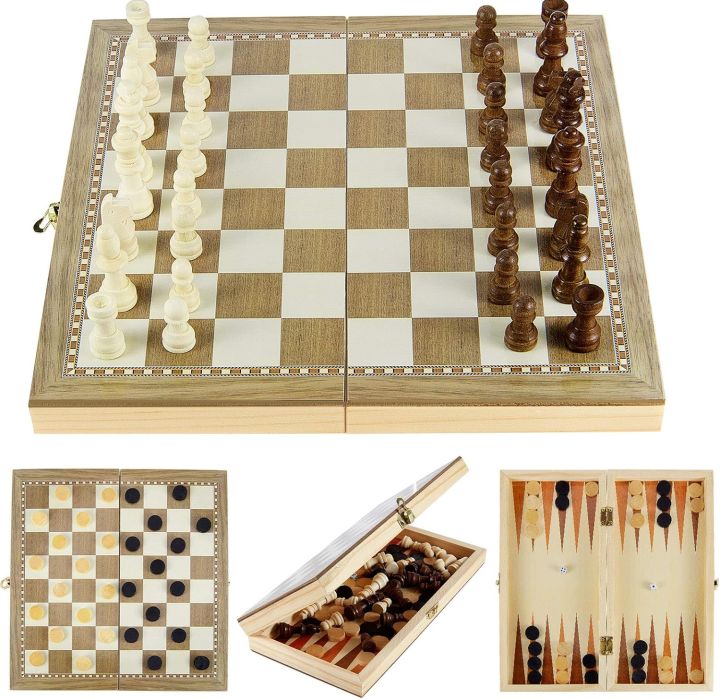 Wooden Chess Board Set Folding Chess Checkers Backgammon 3 in 1