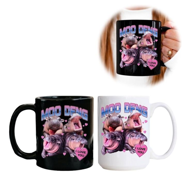 New Cute Moo Deng Mug 350ml Cartoon Hippo Pattern Coffee Cup Black White Ceramic Household Drinkware for Tea Milk