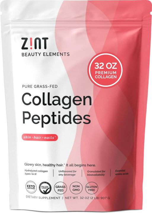 Zint Collagen Peptides Powder (32 oz): Paleo-Friendly, Keto-Certified, Grass-Fed Hydrolyzed Protein Collagen Supplements - Unflavored, Non GMO 907gm
