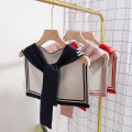 Happy night Korean College Navy Stripe Wool Knit Shoulder Cape Knotted Warm Shawl Summer Air Conditioned Room Protect Neck Woman's Scarf. 