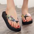 2022 Summer Floral Printing Slippers Women Bohemian Satin Strap Platform Wedge Flip Flops Outdoor Thick Bottom Beach Shoes. 