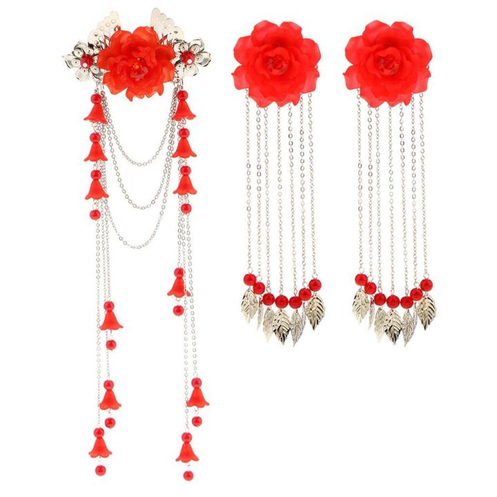 3 Pieces Costume Classic Flower Hair Clip Barrette  Tassel for Hanfu COS Hair Ornaments