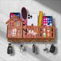 3D Home Decorative Wooden Organizer- 3D Wooden Phone Stand with Key Hooks - 3D Wooden Mobile Stand for 3 Phones - Wooden Holder for Phone, Keys, and Accessories - Wooden Organizer with 7 Steel hooks Tasbeeh Holder Remote Cover Rack Mobile Charger Holder. 