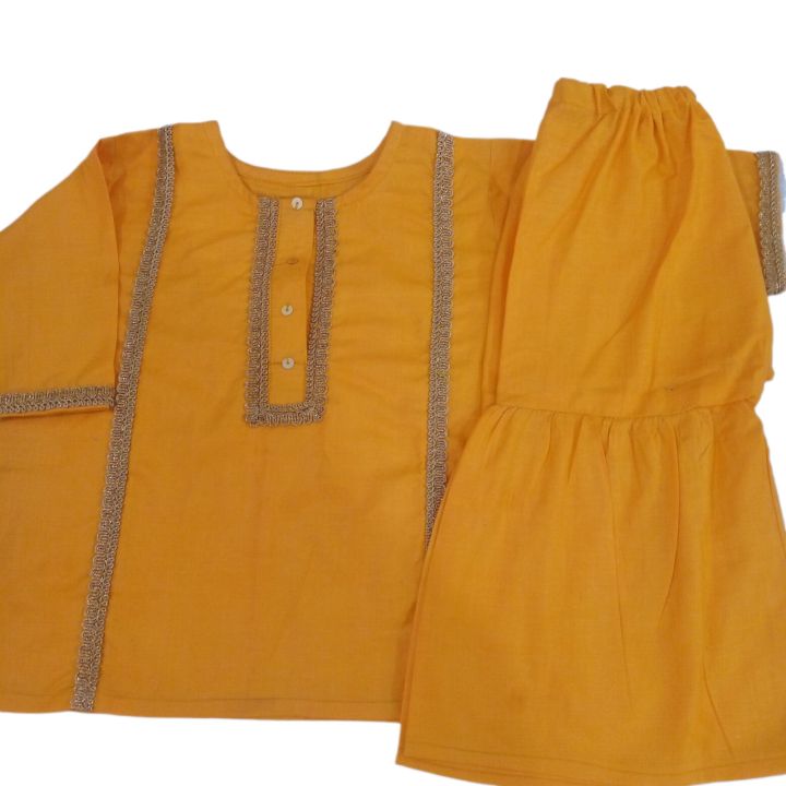 customized yellow mayon dress for baby girls .beautifull shirt and gharara.