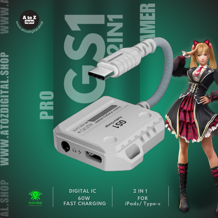 Plextone GS1 type c splitter, Type-c to 3.5mm handfree and type c charging, 60w fast charging, splitter for pubg