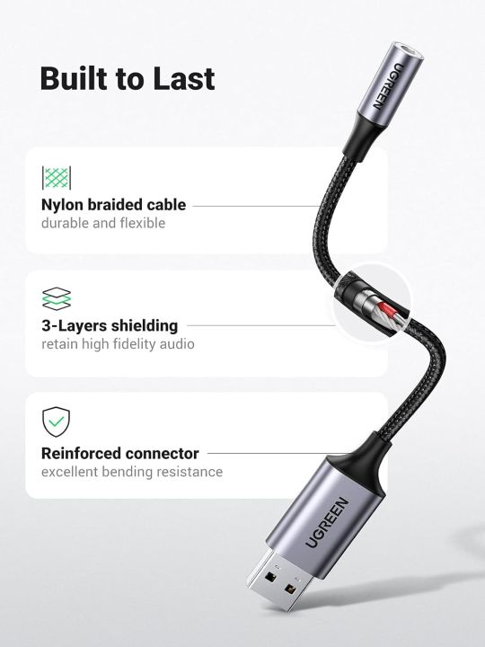 UGREEN%20USB%20to%203.5mm%20Jack%20Audio%20Adapter%20USB%20Sound%20Card%20Support%20Mic%20TRRS%20Headphone%20DAC%2024bit%2096kHz%20Nylon%20Braided%20USB%20to%20Aux%20Jack%20Compatible%20with%20Windows%20Mac%20Linux%20PC%20PS5%20PS4%20Switch%20Speaker,%209.8%20Inch%20-%20Image%205