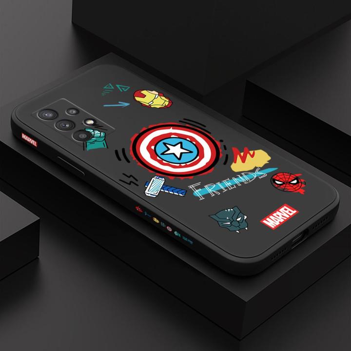 Samsung A32 4G Marvel Superhero Ironman Spiderman Captain American Print Side Design Square Phone Case Edge Pattern Liquid Silicone Casing Full Cover Camera Shockproof Protection Case