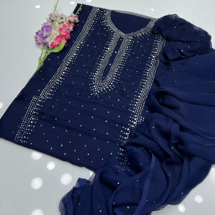 Handmade Mukesh Work Unstitched Crinkle Chiffon Dress - Navy Blue