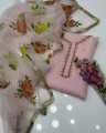 New Arrival Hand Paint Emblished Organza With Beats Adda Work Dupatta Along Qataan Silk Shirt & Trouser 3 Piece Dress. 