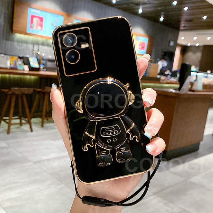 For Vivo Y22 Back Cover with Lanyard + Cartoon Astronaut Folding Stand Luxury 6D Plating Frame Shiny Cases Soft Silicone Square Protective Mobile Phone Case