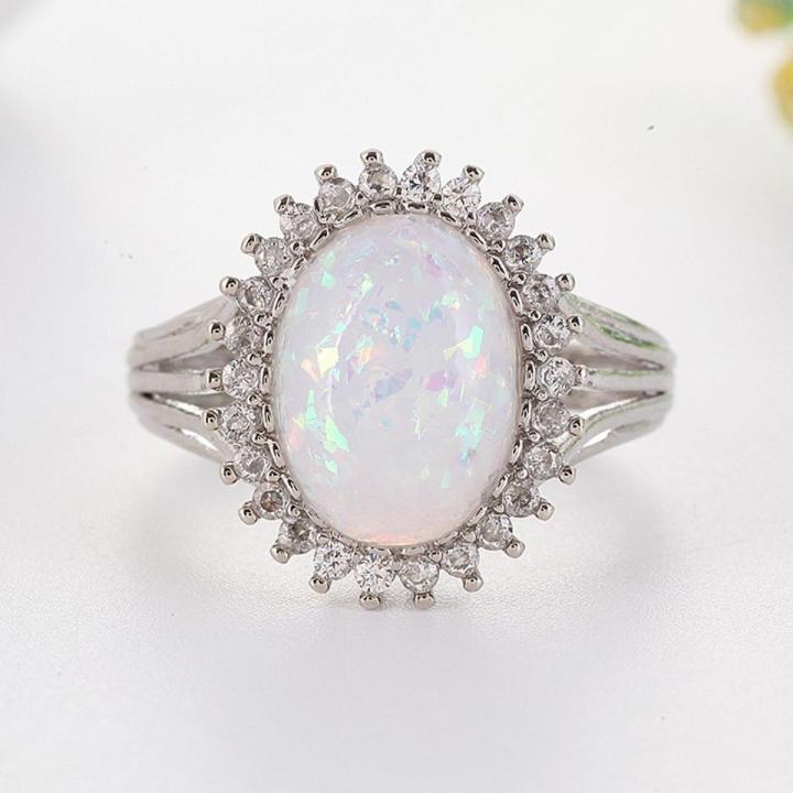 Large Fire Opal Stone Silver Color Ring Crystal Rings Bague Women Men Anniversary Wedding Ring Gifts Jewelry Anel Z4J729
