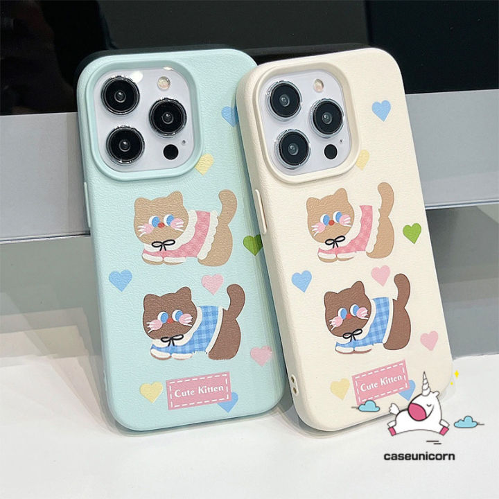 Color Macaron Luxury Skin Feel Leather Case Compatible for IPhone 12 15 13 11 14 16 Pro Max XR 15 14 16 Plus X XS Max 12 11 Pro Cartoon Cute Kitten Love Heart Cat Soft Case