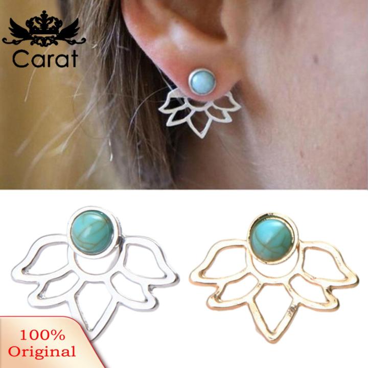 Carat Lotus Flower Earrings Vintage Lotus Flower Stud Earrings with Faux Turquoise Anti-rust Ear Jewelry for Southeast Asian Women Lotus Petal Cutout Earrings