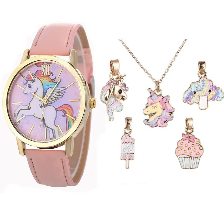 New Cute Children's Watch Fashion Cartoon Unicorn Dial Belt Quartz Watch + Necklace Free Match Suit