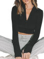 Women Solid Color Crop Top, Long Sleeve Half-open Collar Zipper Clothes Top (Black, Gray). 