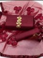 Shah Kamal Fabrics Unstitched 3 Piece Suit-Katan Silk Plain Shirt & Trouser with Net Dupatta For Ladies. 