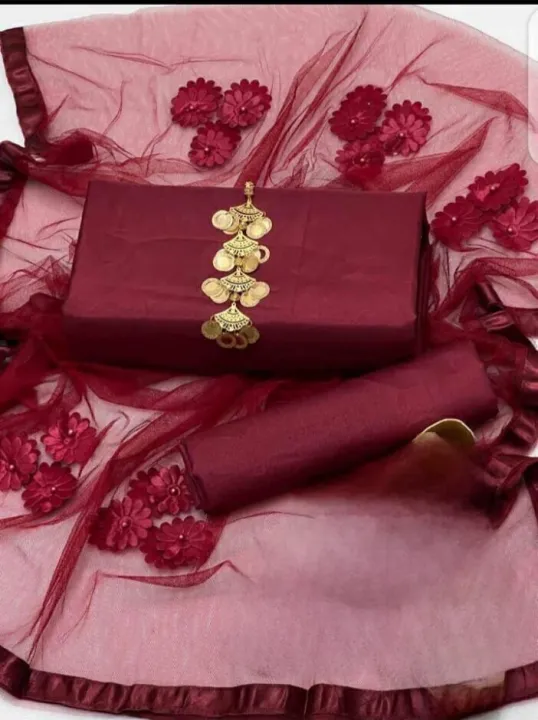 Shah%20Kamal%20Fabrics%20Unstitched%203%20Piece%20Suit-Katan%20Silk%20Plain%20Shirt%20&%20Trouser%20with%20Net%20Dupatta%20For%20Ladies%20-%20Image%203
